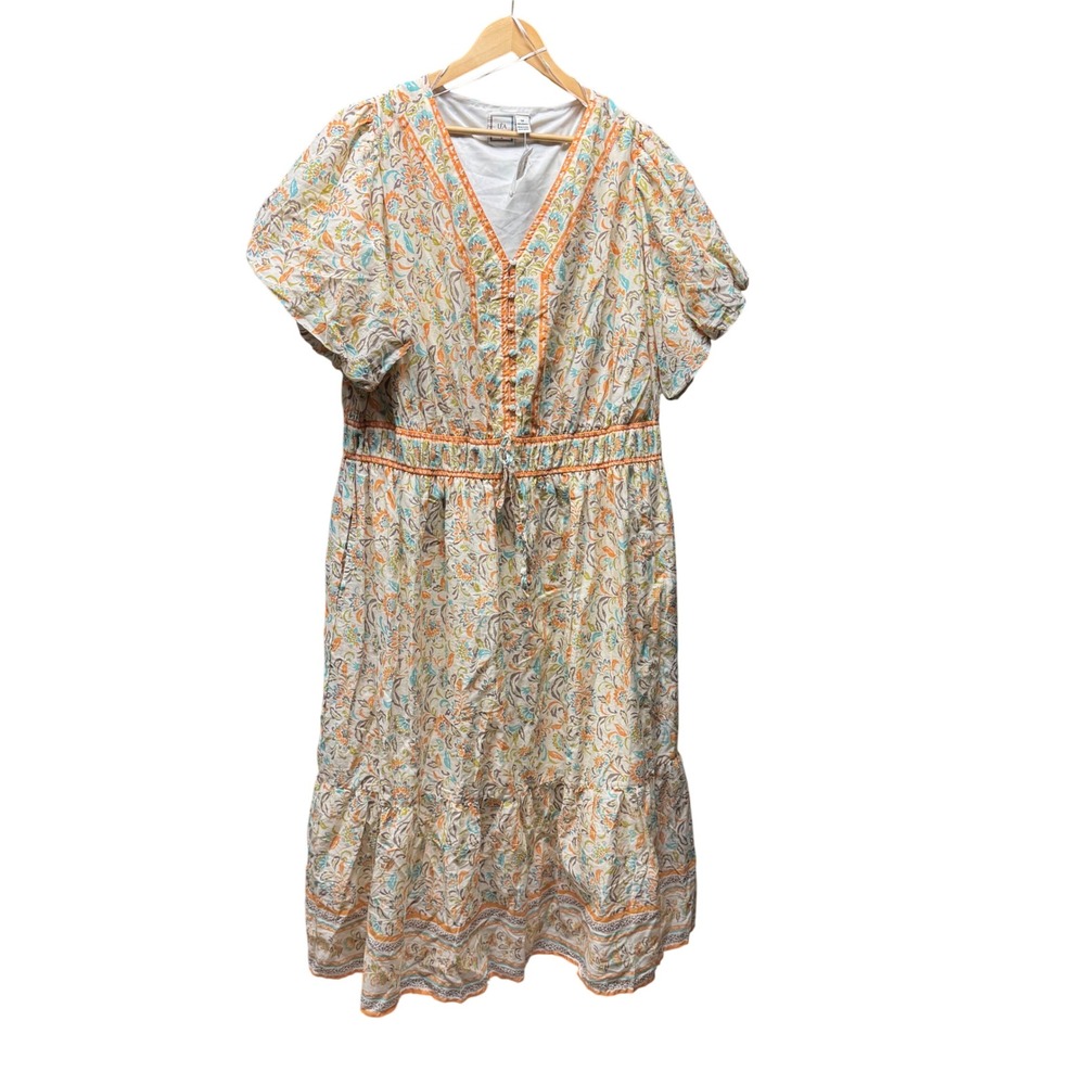 Léa Women 3X Orange Teal Floral Cotton Midi‎ Dress V-Neck Puff Sleeve Boho NWT